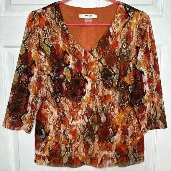 Tanjay Petite Blouse Mesh Ruffles 3/4 Length  Sleeves V-Neck Orange Size Small - Picture 1 of 16